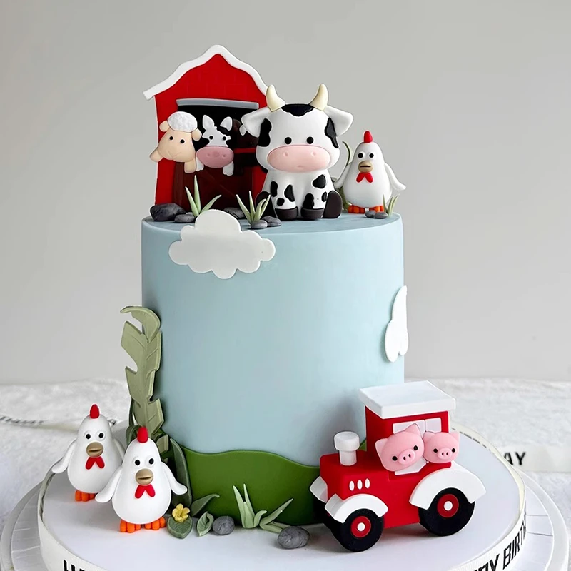 

Cartoon Farm Animal Cow Cake Toppers Tractor Sheep Horse Shed Chicken Ornament for Boy Girl 1st Birthday Baby Shower Party Decor