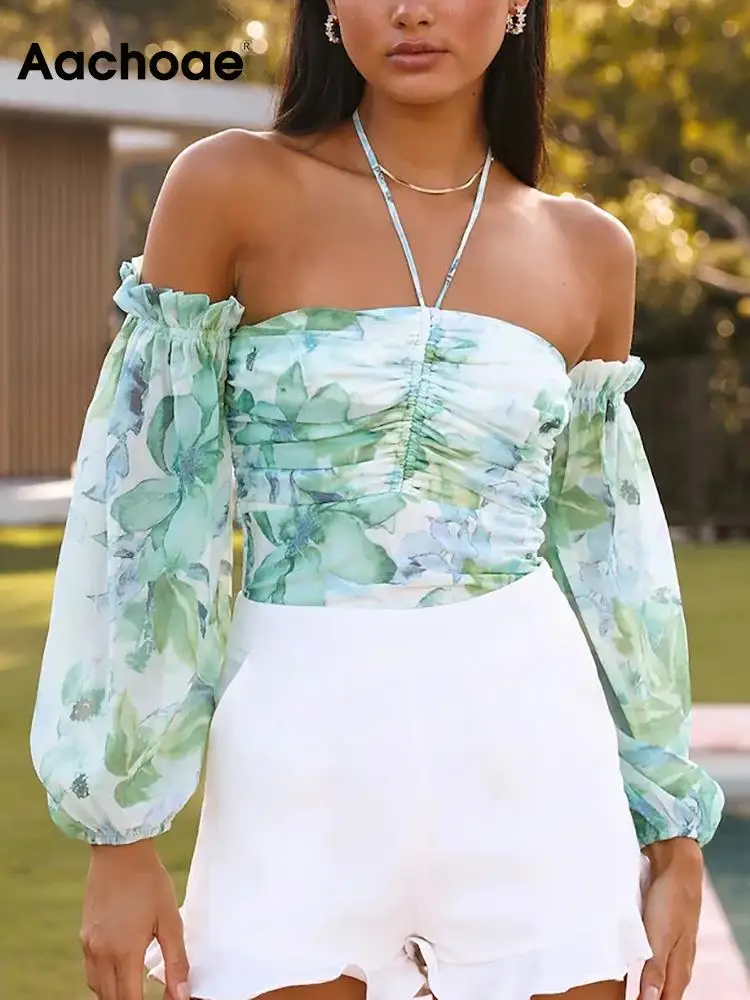 

Aachoae Women Beach Floral Printed Cropped Blouses Shirts Fashion Puff Long Sleeve Backless Slim Tops Ladies Chic Pleated Blouse