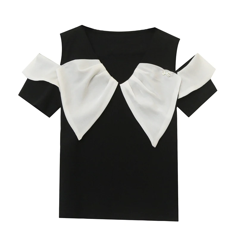 Европейские товары сочетающаяся Цвет Футболка с бантом и открытыми плечами