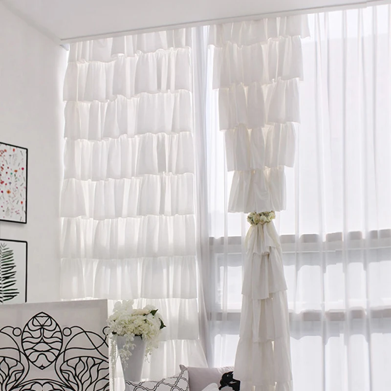

Modern Romantic Fashion Opaque Lace Gauze Curtains Princess Solid White Multi-layer Cupcake Skirt Window Drapes for Girl's Room