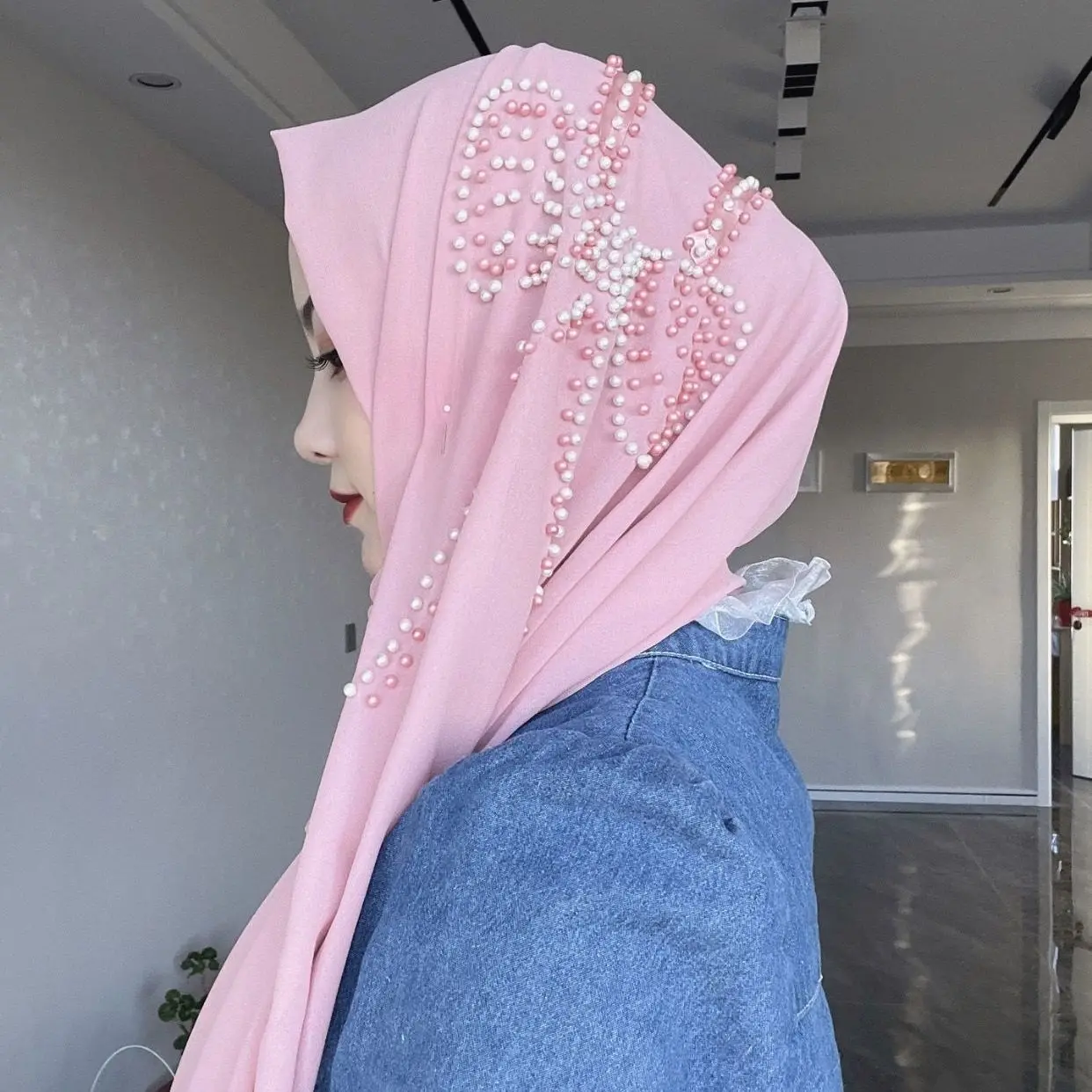 Butterfly Pearl Bubble Chiffon Hijab Muslim Woman Veil Long Musulman Femme Shawl Soft Instant Hijabs for Women Full Cover Scarfs
