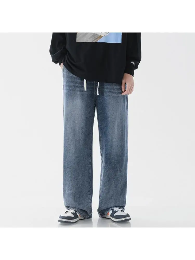 

Джинсы мужские с эластичным поясом, свободные прямые штаны, уличные штаны в гонконгском стиле, тянущиеся ретро брюки, Осень-зима