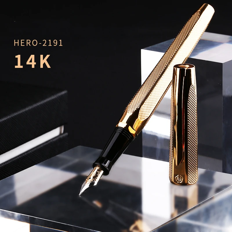 Hero 2191 14K Gold Fountain Pen Golden Engraving Ripples Two-head Medium Nib Gift Pen and Box for Business Office Collection
