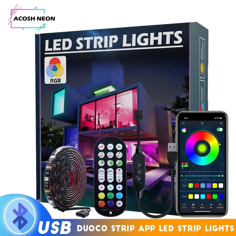 5V 5M/16.4ft  RGB LED Strip With 24 keys remote control USB power led strip waterproof led strip app control for pc tv bedroom