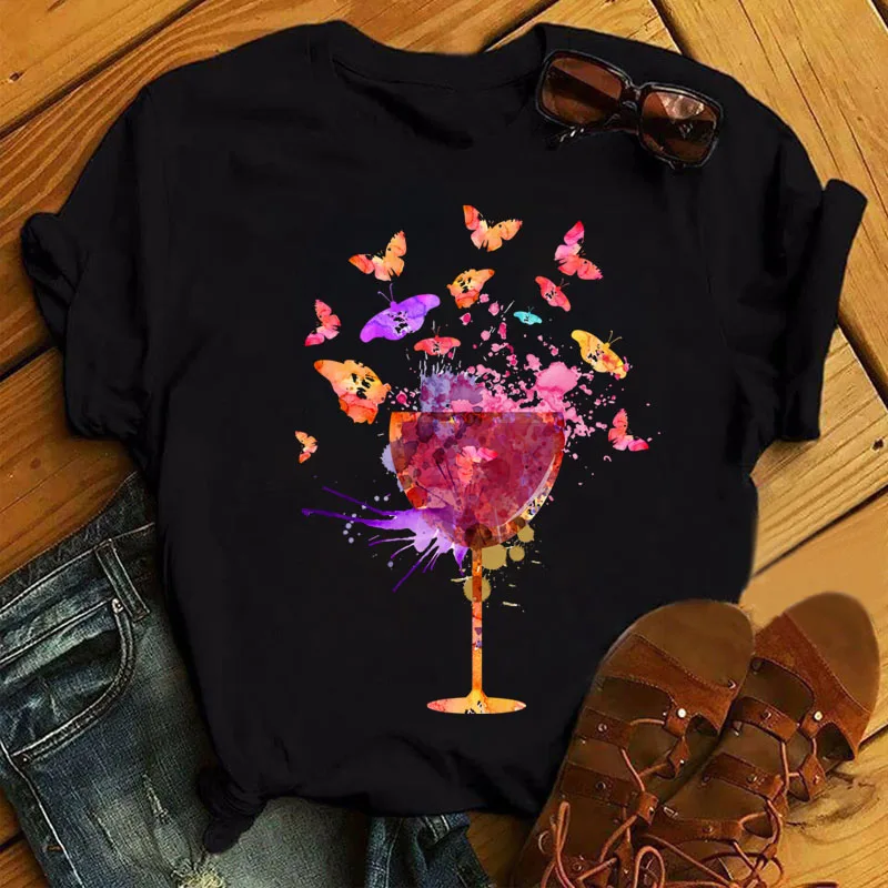 

New Women Black T Shirt Watercolor Butterfly Wine Glass Print T Shirt Female Funny Graphic Tee Shirts 90s Ladies Casual Tops Tee