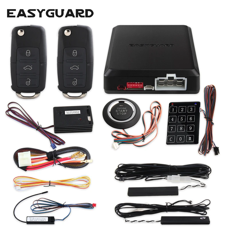 

EASYGUARD vehicle PKE car alarm remote auto start push start button touch password keypad shock sensor hopping code DC12V