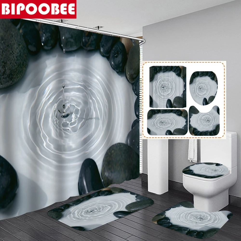 

Zen Stone Pool Print Shower Curtain Bathroom Set Home Decor Waterproof Curtains Bath Mats Rug Lid Toilet Cover Non-slip Carpet