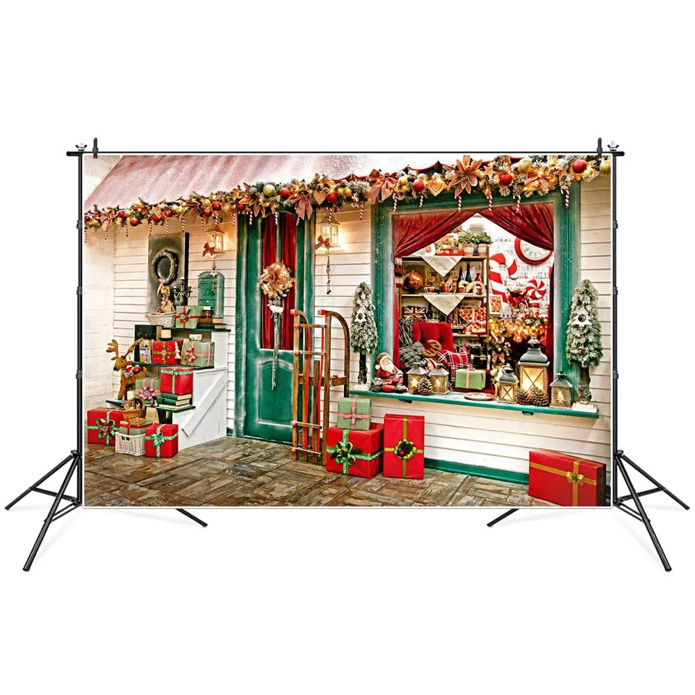 

Christmas Gifts Store Sled Door Scene Photography Backdrops Custom Baby Party Decoration Photo Booth Ins Studio Background Props