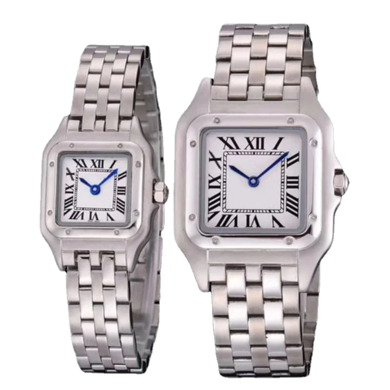 

2023 Men's Women's Luxury Brand Square White Roman Dial Gold Diamonds Silver Black Leather Quartz Movement Watches 22mm 27mm