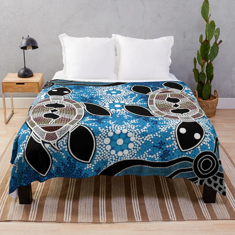 

Authentic Aboriginal Art - Sea Turtles Throw Blanket Knit Blanket Cold Blankets For Sleeping