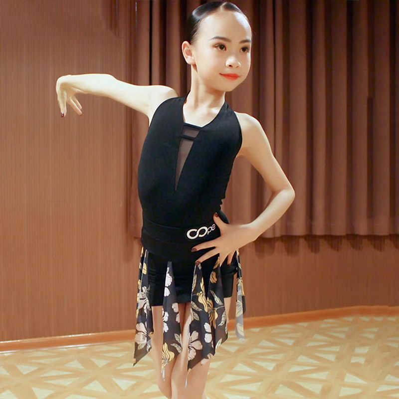 Детское платье для латиноамериканских танцев без рукавов с принтом и бахромой