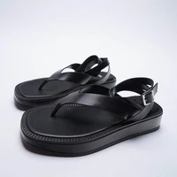summer women shoes black flat leather fashion sandals flip flop za lace up thick soled ankle strap sandals for women