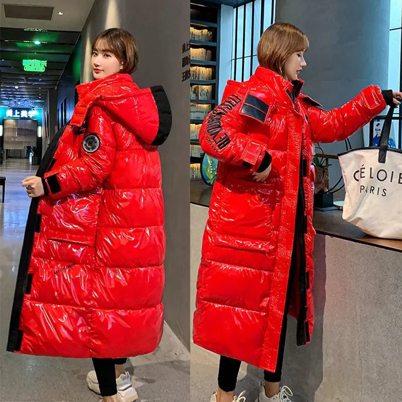 2022 Winter New Fashion Down Padded Jacket Women's Mid-Length Hooded Loose Shiny Coat Thick Warm Candy Color Parkas Female