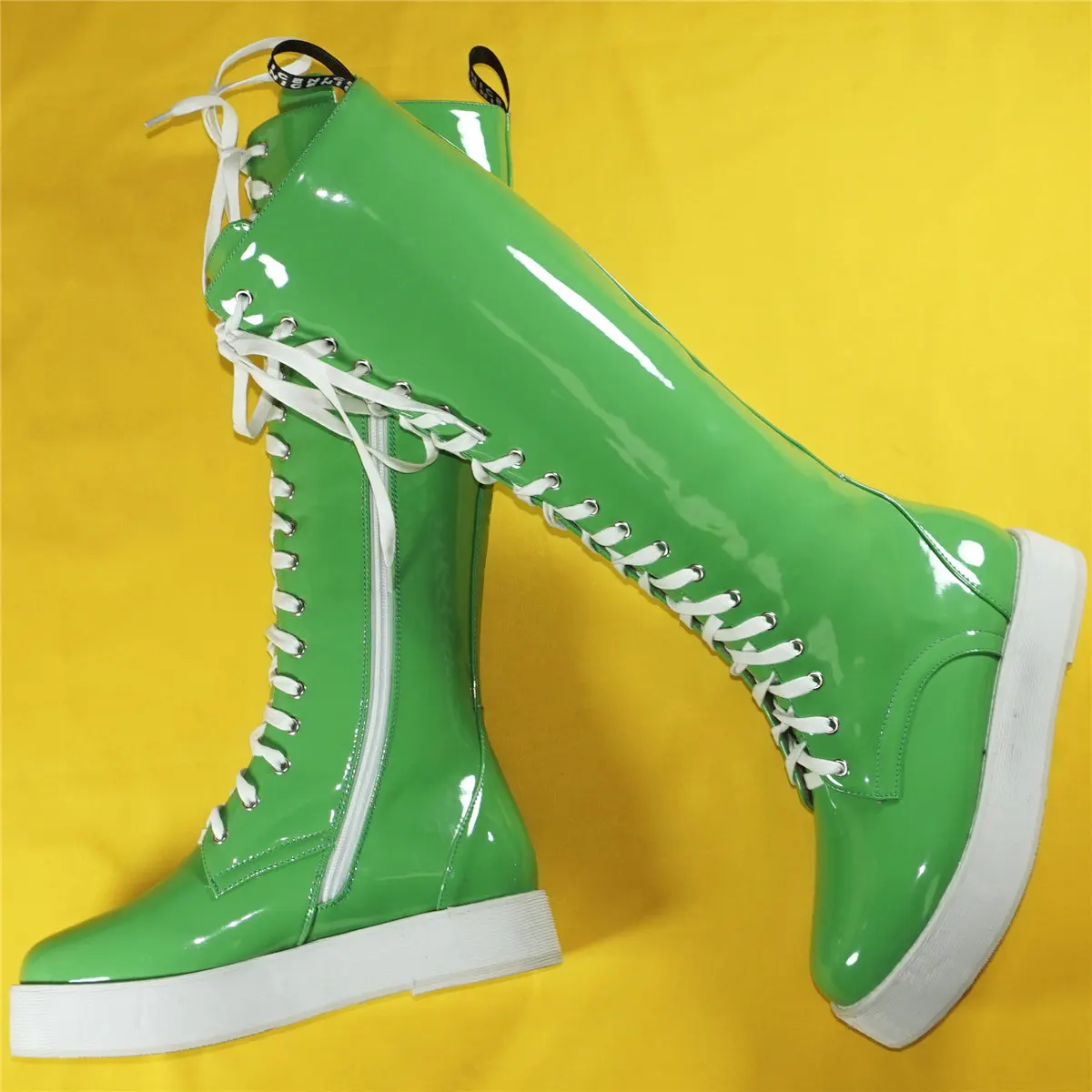 Winter Fashion Sneakers Women Lace Up Patent Leather Knee High Boots Female Round Toe Thigh High Platform Pumps Casual Shoes