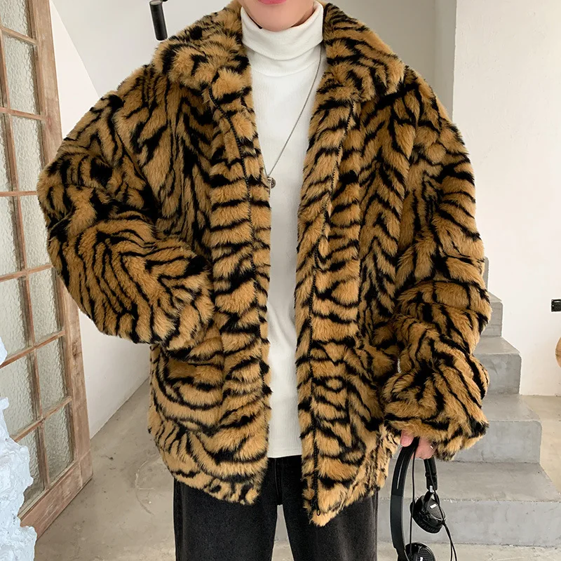 American vintage work coat loose bf style furry imitation fur male tiger leopard print yuan suo style korea