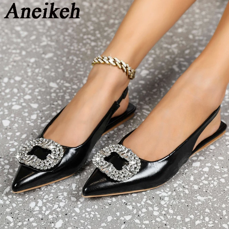 

Aneikeh Women's Fashion Sexy Pointed Rhinestone Decorative Single Shoe 2023 Lacquer Leather Open Heel Flat Shoes Office&Career
