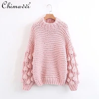 womens korean fashion long sleeve sweater high street casual knitted terry jumper female oversized solid color pullover
