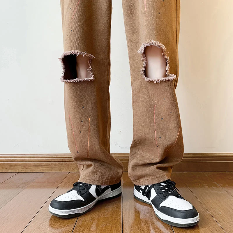Summer 3-color Ink Splash Jeans Men Fashion Casual Straight Jeans Mens Streetwear Loose Hip-hop Holes Denim Pants Mens Trousers
