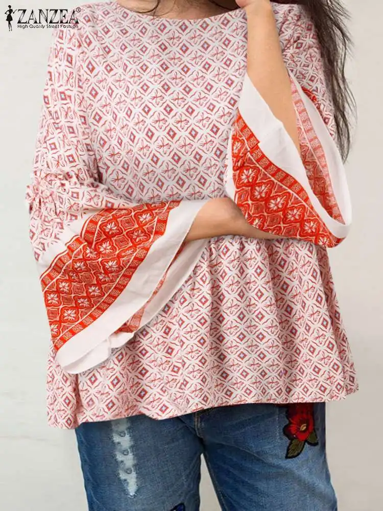 

Bohemia Printing Peplum Tops ZANZEA Women Blouses Round Neck Pleats Blusas Fashion Flare Sleeve Holiday Ruffles Stitching Shirt