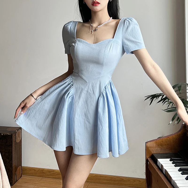 

French Style Retro Puff Sleeves Square Neck Blue Dress Women Pleated Slim Waist Wrapped Sweet Girl Short Dress Princess Summer