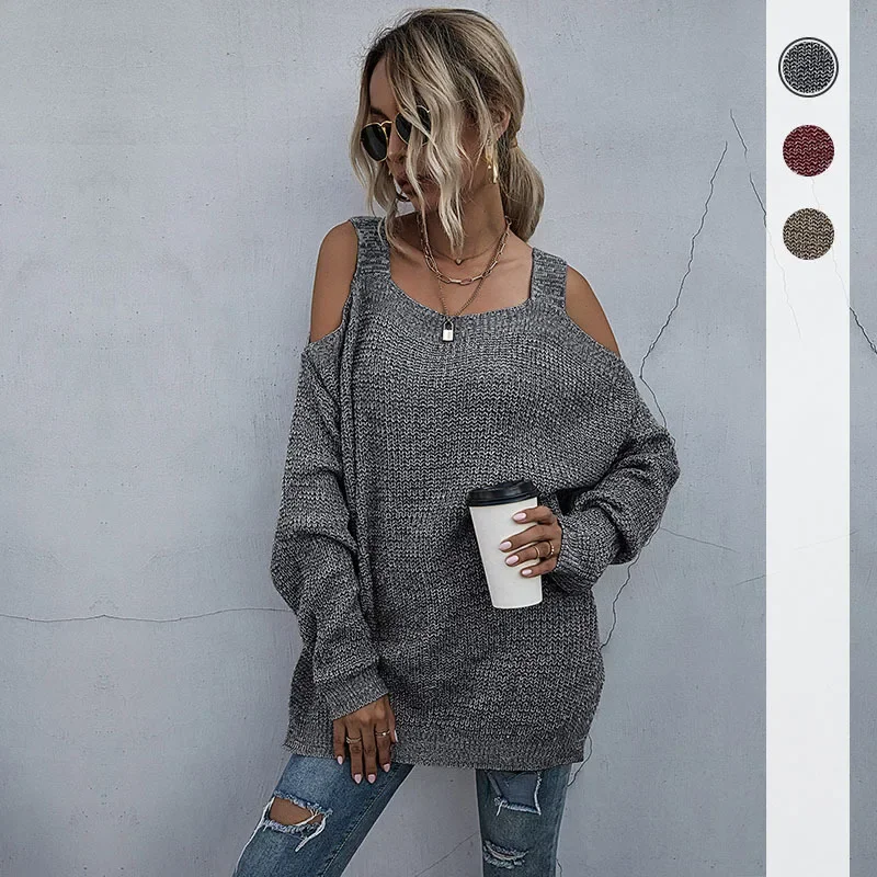 

Women's Autumn Lightweight Loose Knit Cold Shoulder Sweater Khaki Pullovers Shirt Female Long Sleeve Tops Streetwear Y2K Jumpers
