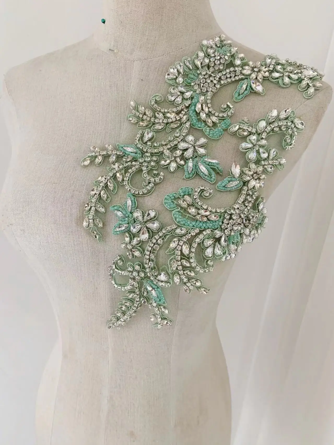 1 Pair Mint Green Elegant Rhinestone Luxurious Beaded Applique Crystal Flowers Bodice Patch for Couture Gown,Wedding Dress Decor