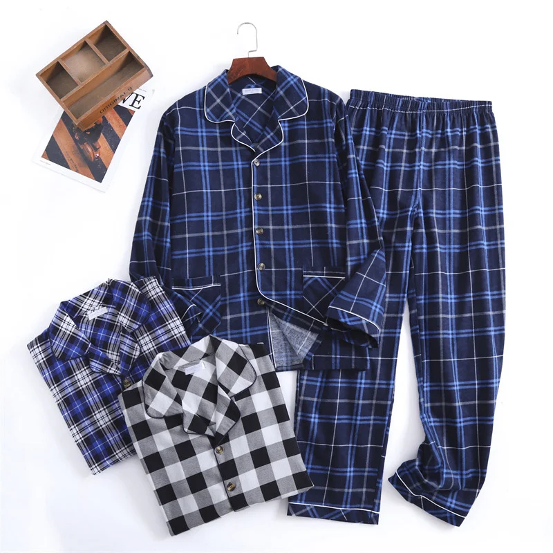

Autumn and Winter Men's Newest Cotton Flannel Brushed Trouser Suit Plaid Design Clothes with Button Pajama Set Homewear Men Suit