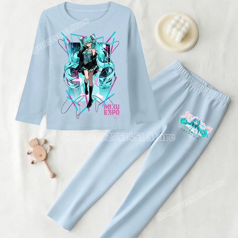 Фото Милые детские пижамные комплекты Hatsune Miku, кавайная одежда для сна, топы и брюки, детская одежда, одежда с длинными рукавами, теплая одежда из дралона №1