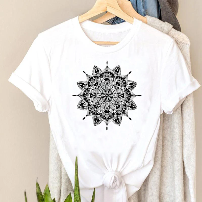 

Womens T Shirt New Fashion Harajuku Flower T-shirt Female Clothes Tops Tshirt Mandala Graphic Print Lady Black White Tshirt