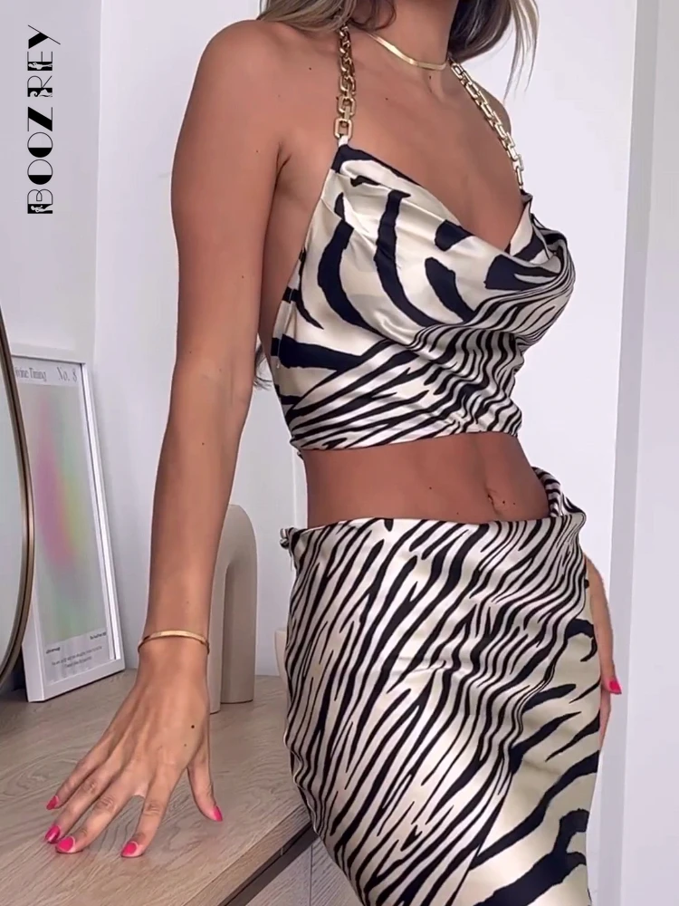 

BoozRey 2023 Summer Fashion Zebra Print Tube Top Camisole and Slit Skirt Set Women Sleeveless Two Piece Set Bodycon Skirts Split