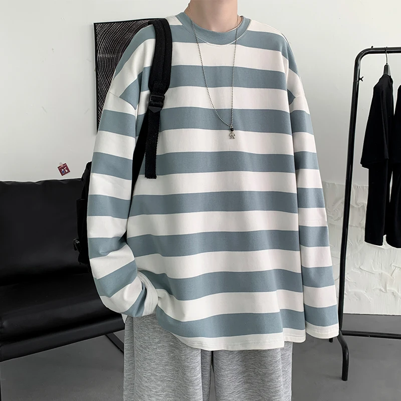 

Harajuku Striped T shirts For Men Oversized Tees 2022 Man Casual Long Sleeve Tshirt Woman Loose Pullovers Tops 5XL