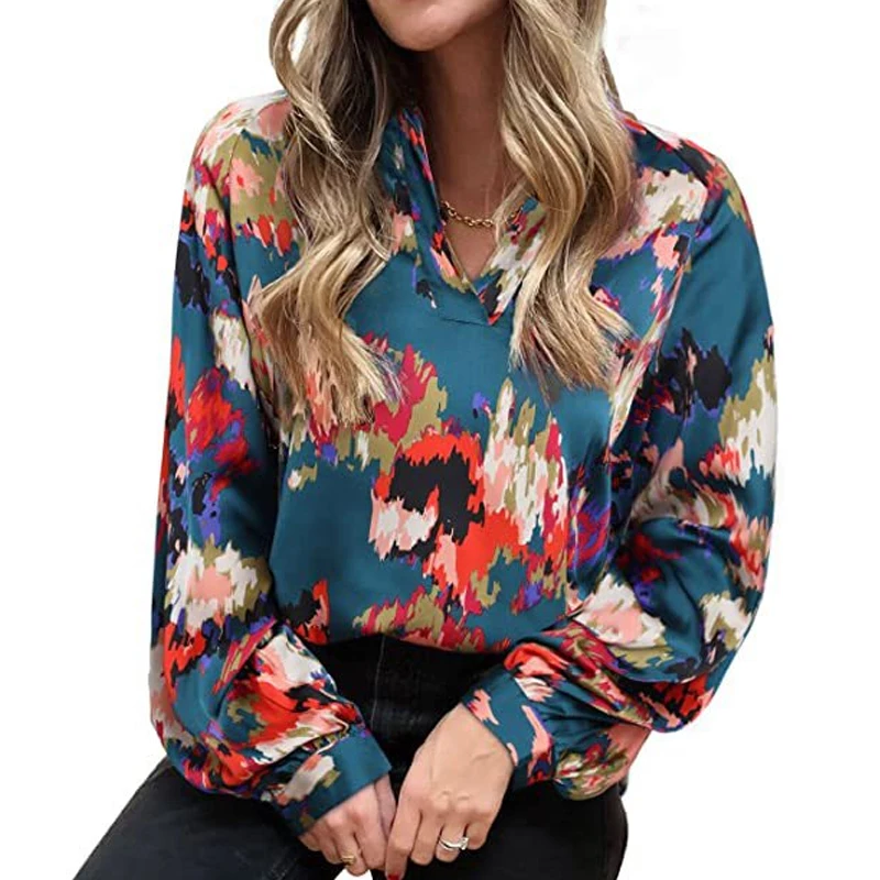 

V-neck Abstract Print Chiffon Blouse Women Elegant Loose Casual Bohemian Shirt Turn Down Collar Lantern Long Sleeve Tops 25145