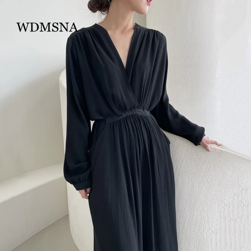 

WDMSNA Loose Long Sleeve Vintage Dress for Women Korean Chic Autumn V-neck Vestidos De Fiesta Cross Slim Waist Flods Robe Femme