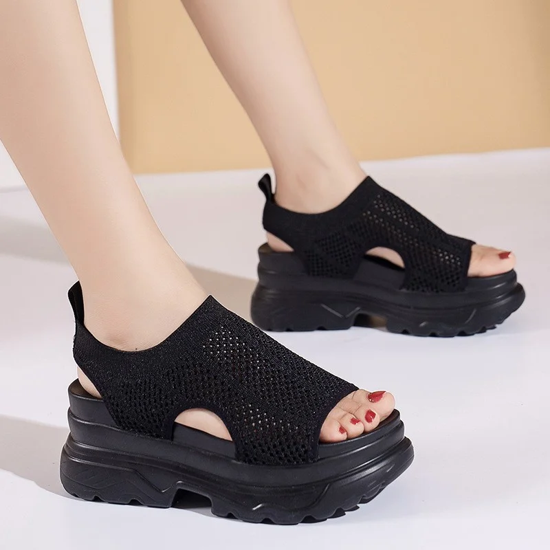 Fabric Spliced Sports Sandals Women's 2023 New Mesh Hollow Out Women's Shoes Casual Thick Sole Fish Mouth Women's Shoes