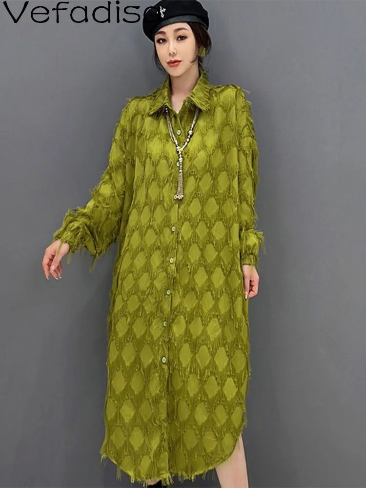 

Women Single-breasted Lapel Shirt Loose Mid-length Tassel Splicing Solid Color Leisure Shirt Dress 2023 Spring Autumn LHX2348