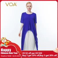 voa silk georgette blue round neck middle sleeve tuck fold short front and long back flounces double loose t shirt be681