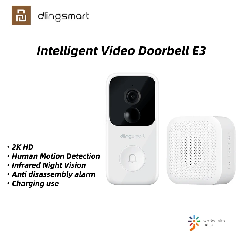 

Умный видеодомофон Youpin Dlingsmart E3 2K, IP-камера с внутренней связью, работает с приложением для измерения яркости человека, ночное видение