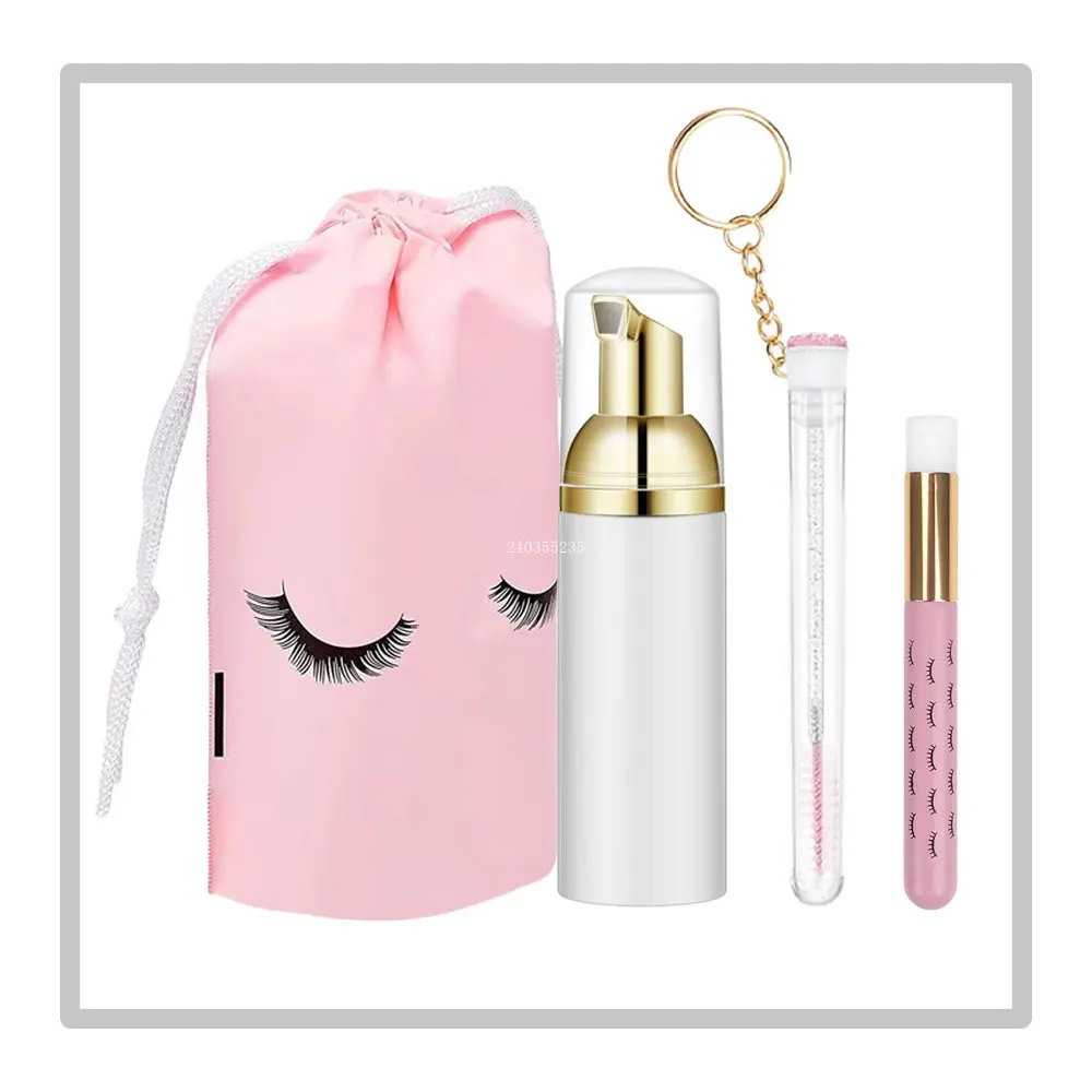 60ML Eyelash Cleansing Mousse Foaming Bottle Set Multipurpose Eyelash Brush Including Storage Tube Cleaning Pen Pink Storage Bag