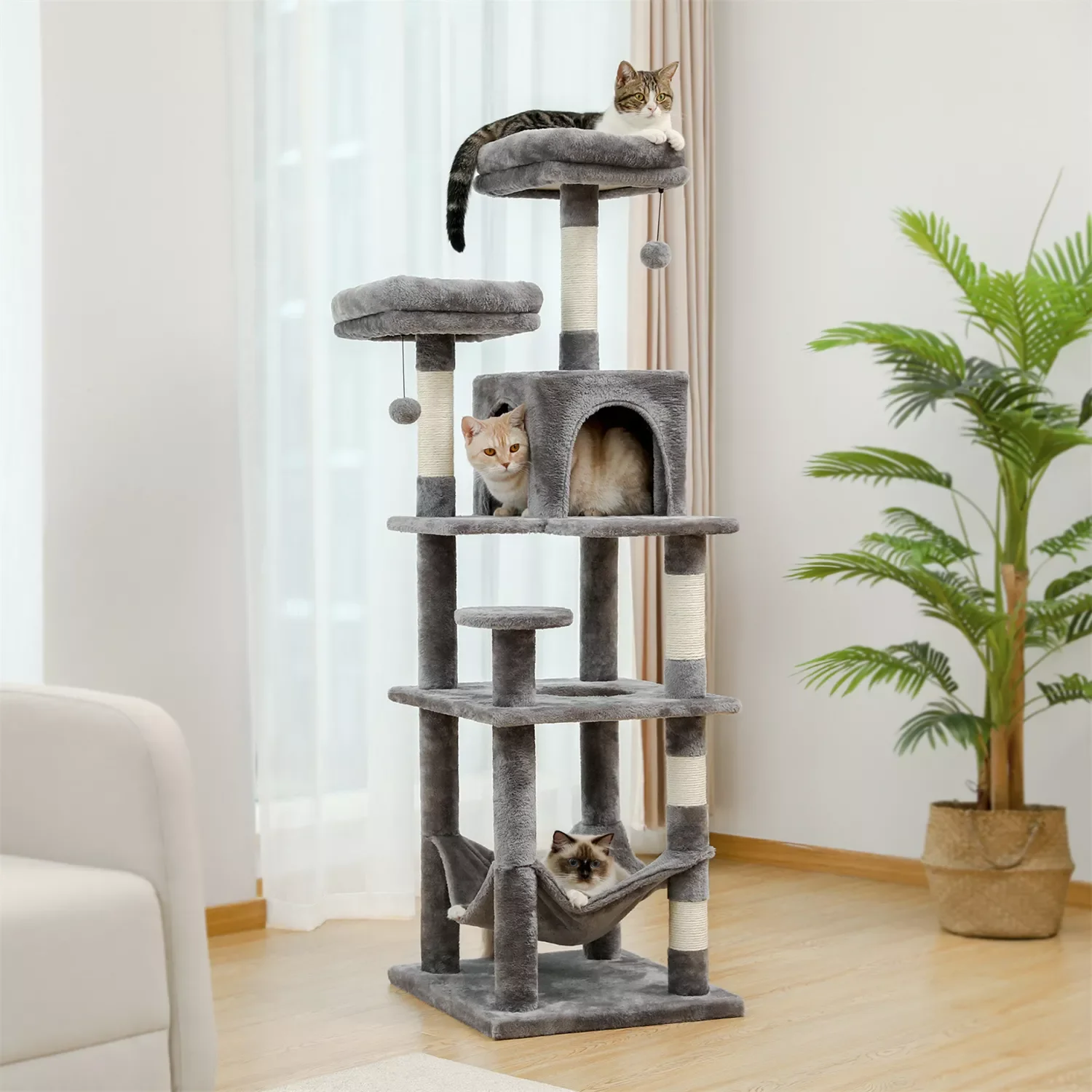 

Modern Cat Tree with Scratching Posts Cat Nest Multi-Level Tower Cat Condo Activity Jumping Platform Stable with 2 Balls