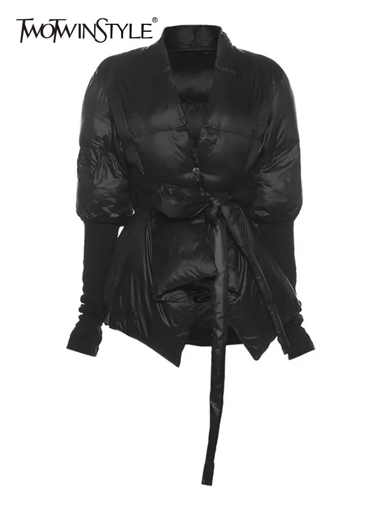 

TWOTWINSTYLE Black Winter Coat For Women V Neck Long Sleeve Solid Straight Casual Cotton Coats Female Korean Fashion Clothes New