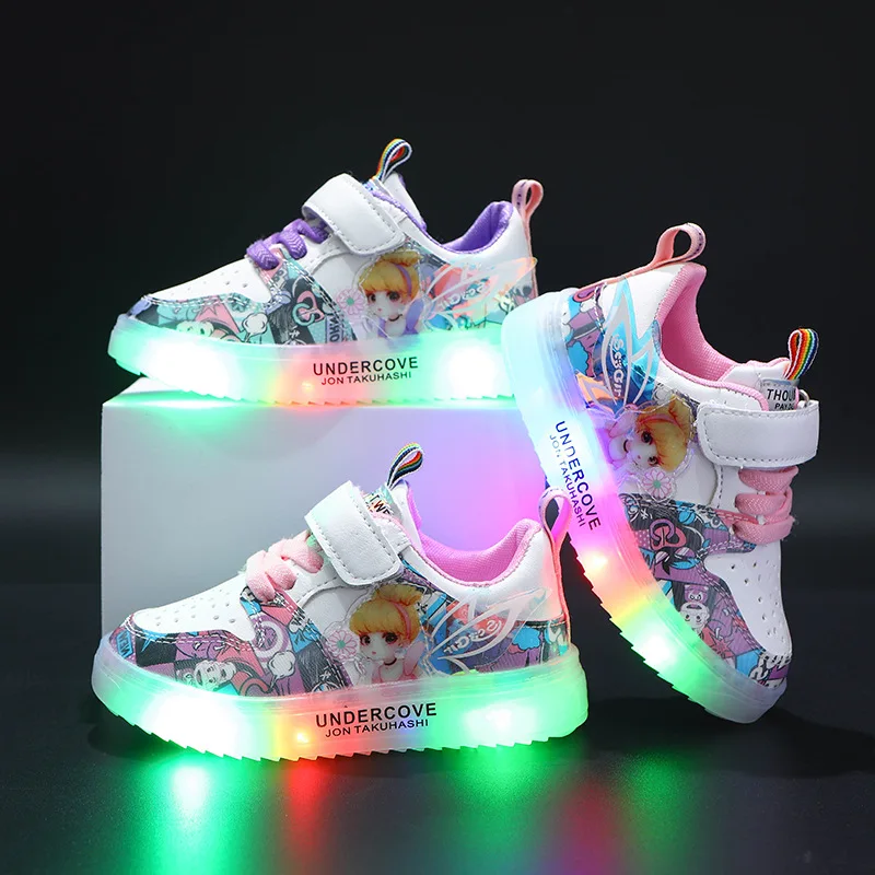 Disney-Zapatos con luz LED para niños, zapatillas deportivas informales de pu para niñas pequeñas, de princesa, de 1 a 6 años