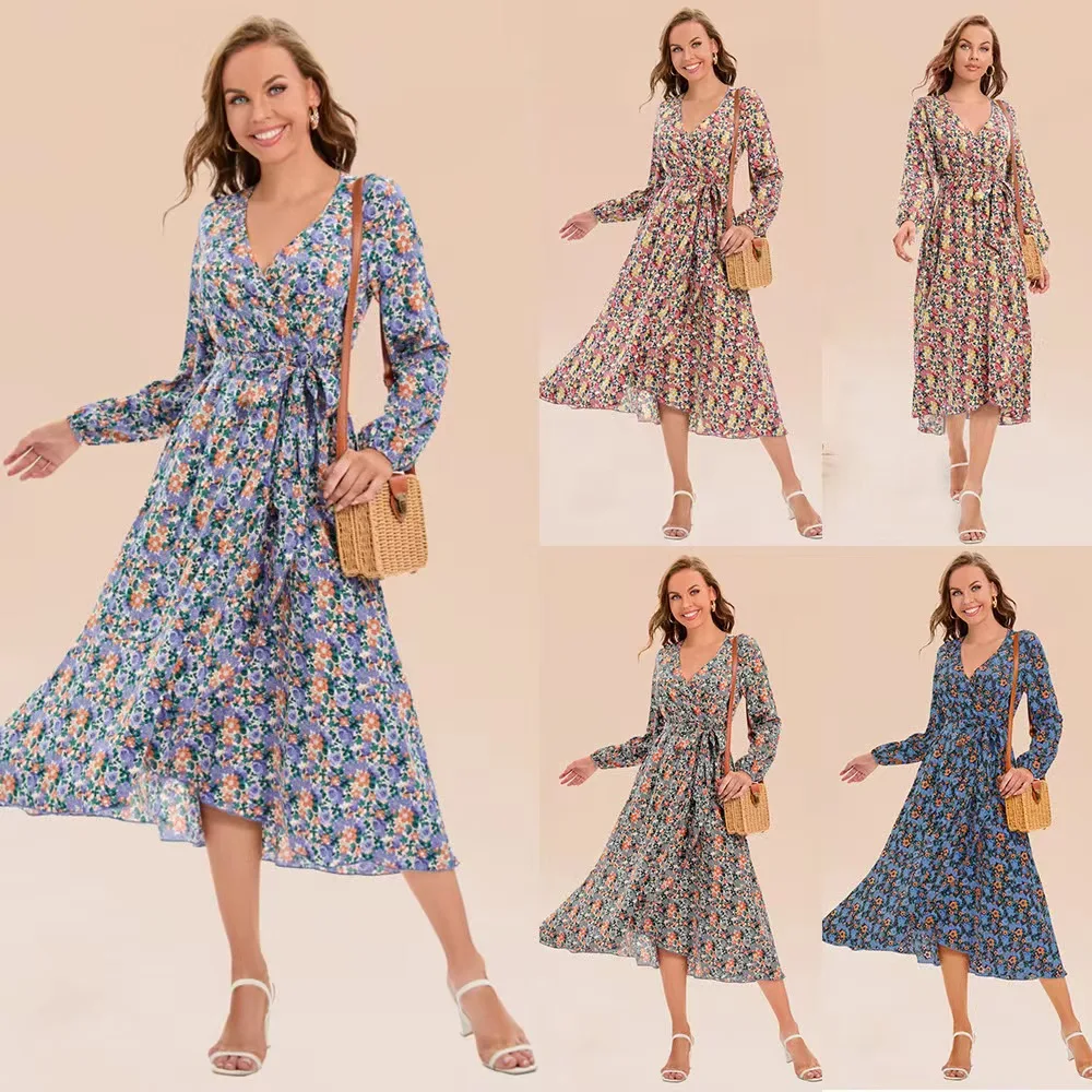 

New Adult Women's Autumn and Winter V-neck Long Sleeve Lacing Style Fragmented Flower Mid length Dress
