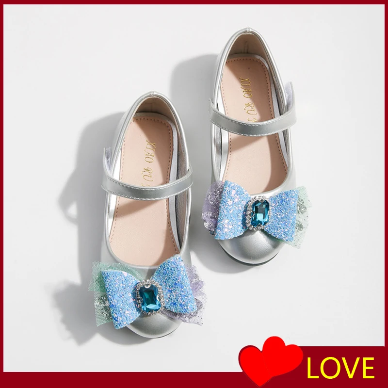 

2022 children's shoes girl's single shoes shiny diamond bow Princess flat heel dance shoes girl's anti slip shoes