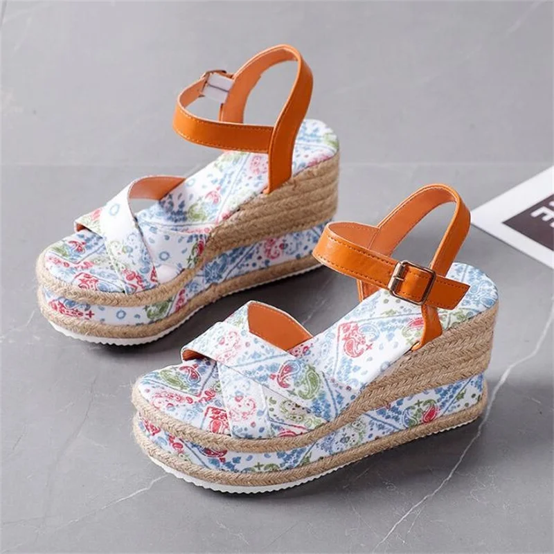 

Wedge Hemp Straw Strap Sandals Women's Flower Satin High Heels Platform Gladiator Pumps Sandalia Espadrilles Female Summer
