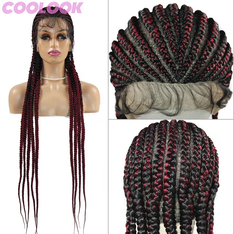 Ombre Long Knotless Braid Lace Front Wigs 36 Inch BUG Synthetic Braided Lace Wigs for Women 360 Full Lace Box Braids Frontal Wig