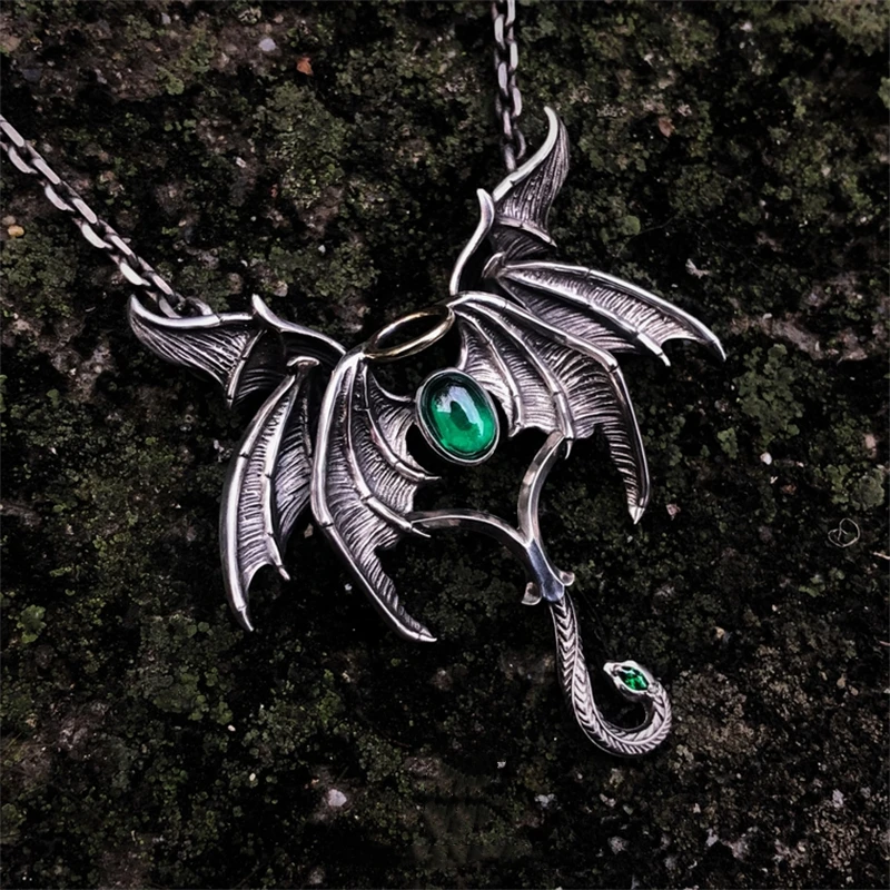 

Gothic Inlaid Green Gemstone Demon Wings Angel Halo Snake Tail Pendant Necklace Fashion Personality Men's Necklace Gift Jewelry