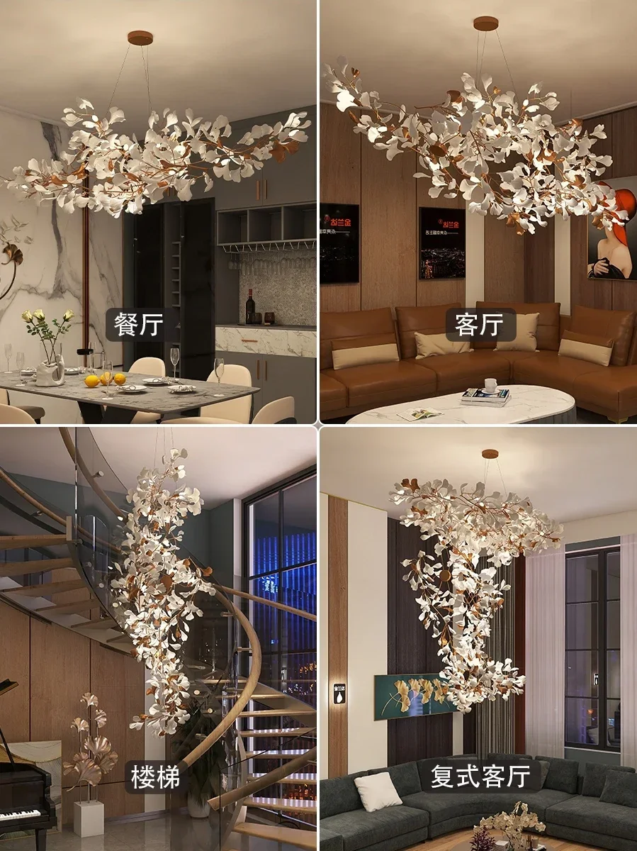 * Лестница с листьями гинкго длинная люстра роскошная элегантная вилла гостиная