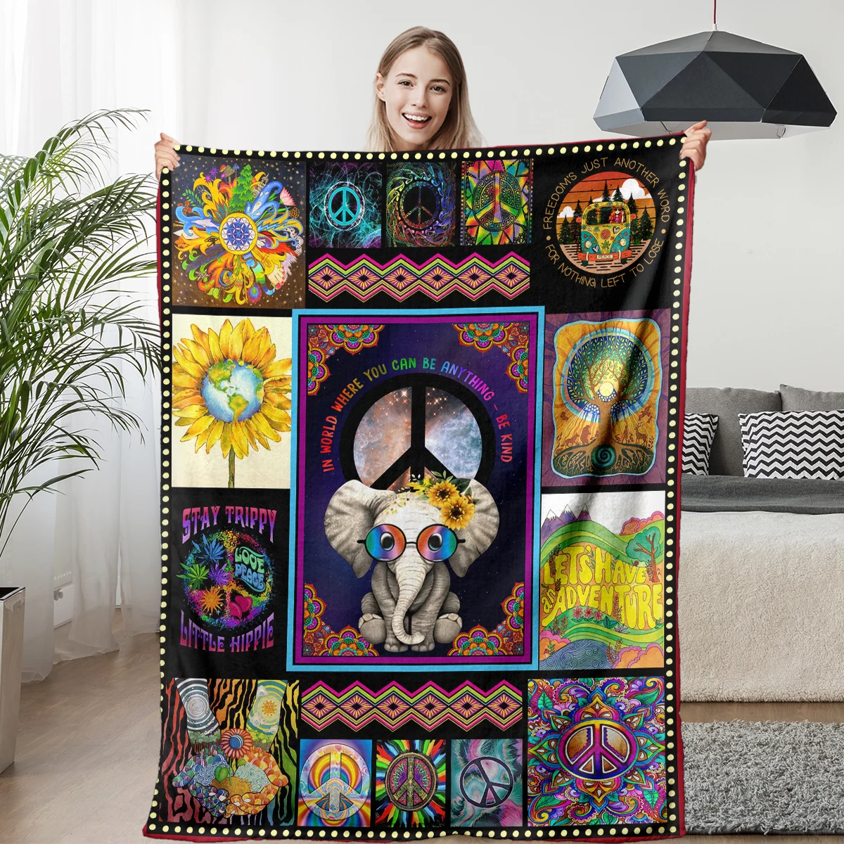 Мягкое фланелевое одеяло с рисунком слонов, подсолнухов, деревьев жизни