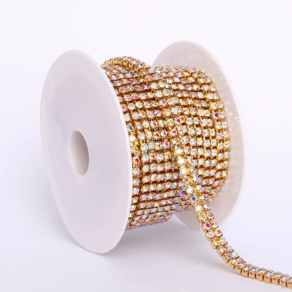 

10 Yards/Roll 2 Rows Gold Claw Rhinestone Cup Chain Glass Crystal AB Sewn On Rhinestones for Sewing Fabric Garment Accessories
