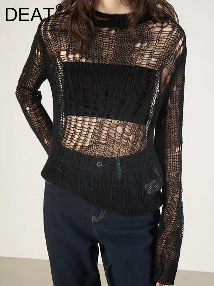 

DEAT Fashion Women's Knitted Pullover Round Neck Perspective Reticular Hollow Out Solid Color Sweater Spring 2023 New 17A6335